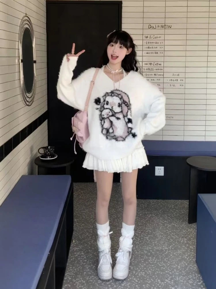 2025 Preppy Style Grunge Sweater Harajuku  Oversize Fur Autumn Grunge Pullover Cartoon Jacquard Kawaii Cute Loose Women Jumpers