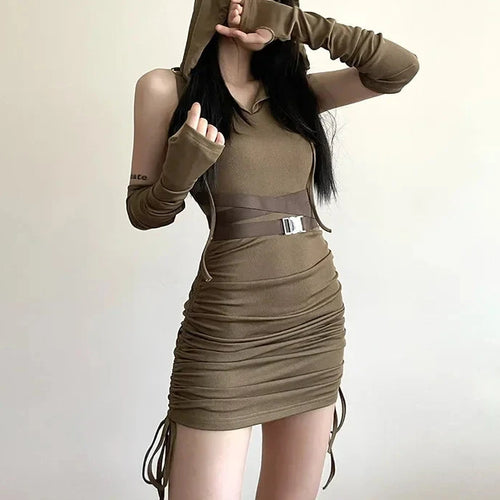 Load image into Gallery viewer, Drawstring Hooded Mini Dress with Arm Sleeves Buckle Belted Bodycon Dresses Japanese Y2k Streetwear P94-EG42
