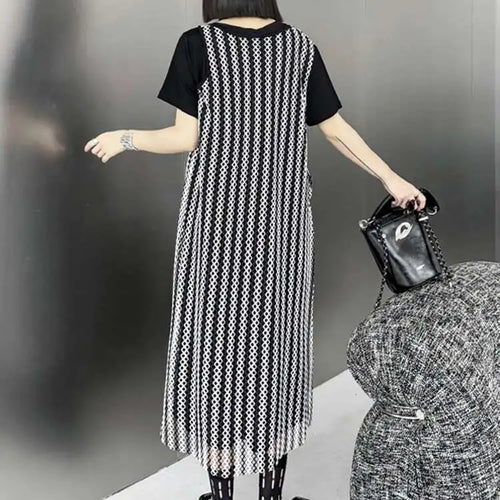 Load image into Gallery viewer, Women Black Irregular Mesh Big Size Casual Midi Dress New Round Neck Short Sleeve Fashion Tide Spring Summer 2025 1DH5415
