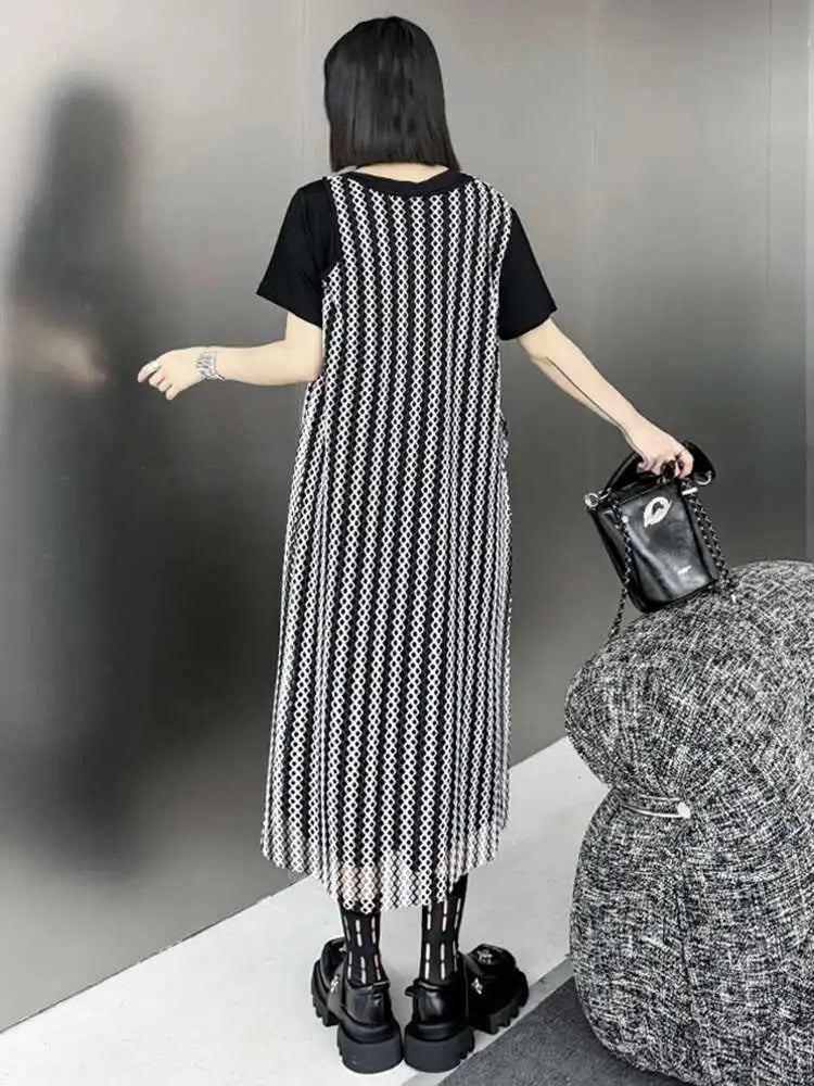 Women Black Irregular Mesh Big Size Casual Midi Dress New Round Neck Short Sleeve Fashion Tide Spring Summer 2025 1DH5415