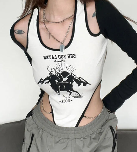 Hooded Long Sleeve Spliced Sexy Bodysuit for Women Tops Streetwear Cut Out Fit Bodies Chain Contrast Party Jumpsuits