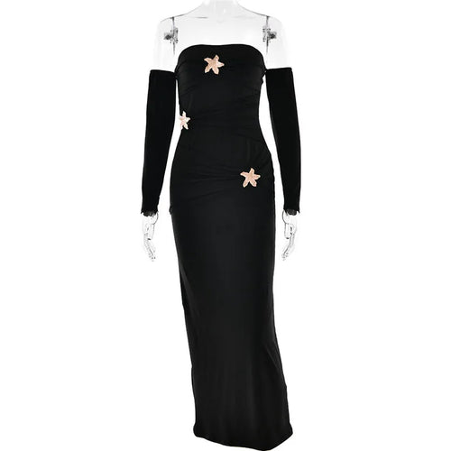 Load image into Gallery viewer, Metal Buckle Strapless Sexy Maxi Dress For Women Off-shoulder Backless Long Sleeve Ruched Bodycon Club Long Dress
