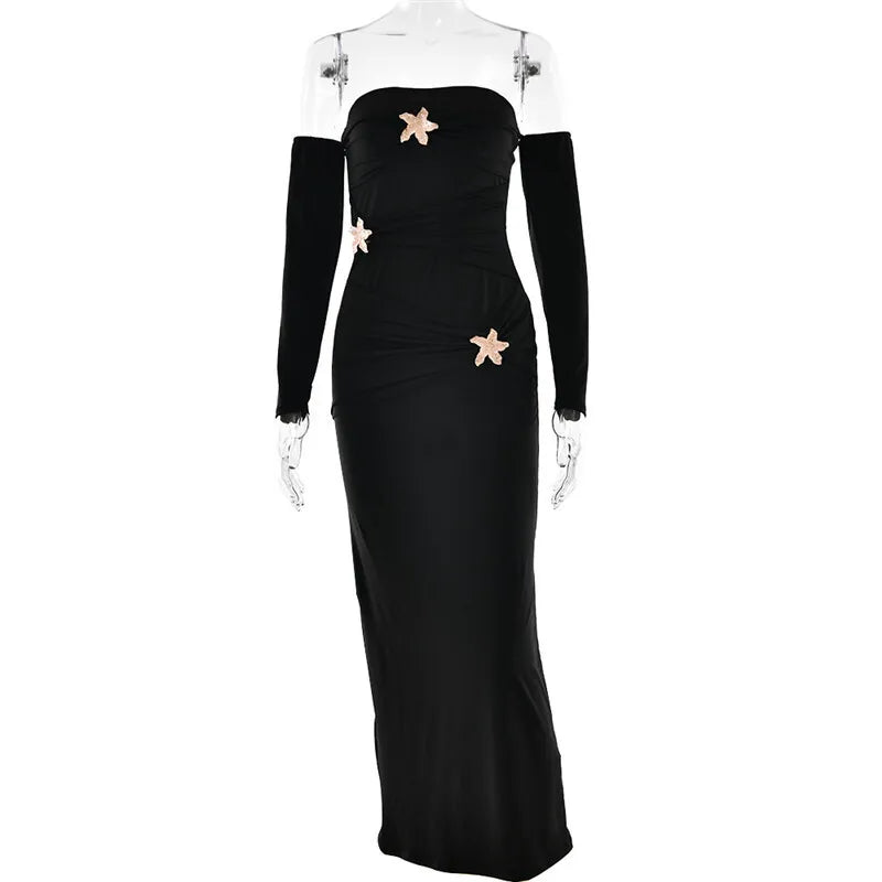 Metal Buckle Strapless Sexy Maxi Dress For Women Off-shoulder Backless Long Sleeve Ruched Bodycon Club Long Dress