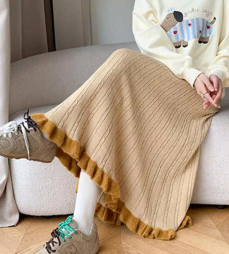 Autumn Winter Women Black White Temperament Knitted Pleated Half Skirt High Waist Versatile Elegant Vacation Ruffles Long Skirts