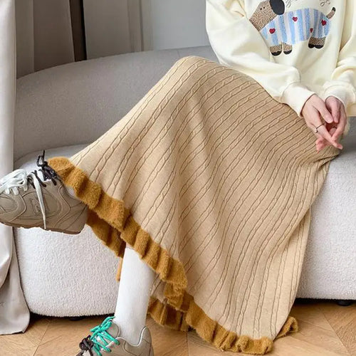 Load image into Gallery viewer, Autumn Winter Women Black White Temperament Knitted Pleated Half Skirt High Waist Versatile Elegant Vacation Ruffles Long Skirts
