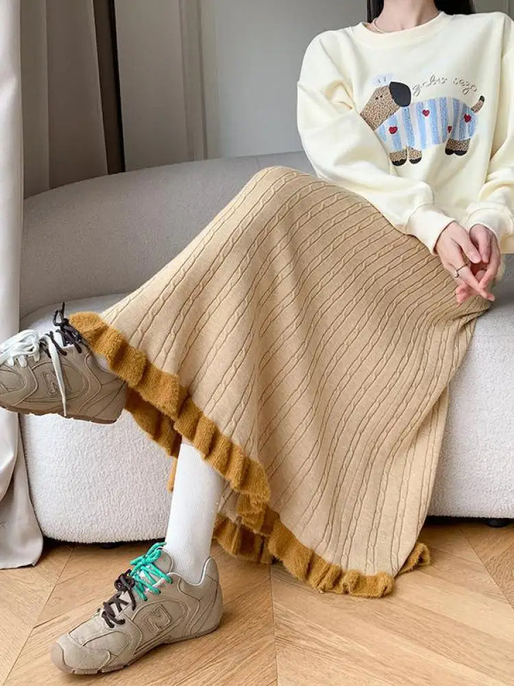 Autumn Winter Women Black White Temperament Knitted Pleated Half Skirt High Waist Versatile Elegant Vacation Ruffles Long Skirts