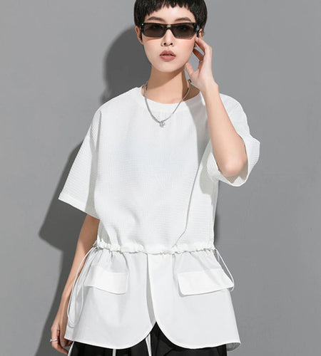 Women White Drawstring Splice Big Size Casual T-shirt New Round Neck Short Sleeve Fashion Tide Spring Summer 2025  1DJ1799