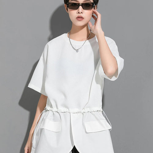Load image into Gallery viewer, Women White Drawstring Splice Big Size Casual T-shirt New Round Neck Short Sleeve Fashion Tide Spring Summer 2025  1DJ1799
