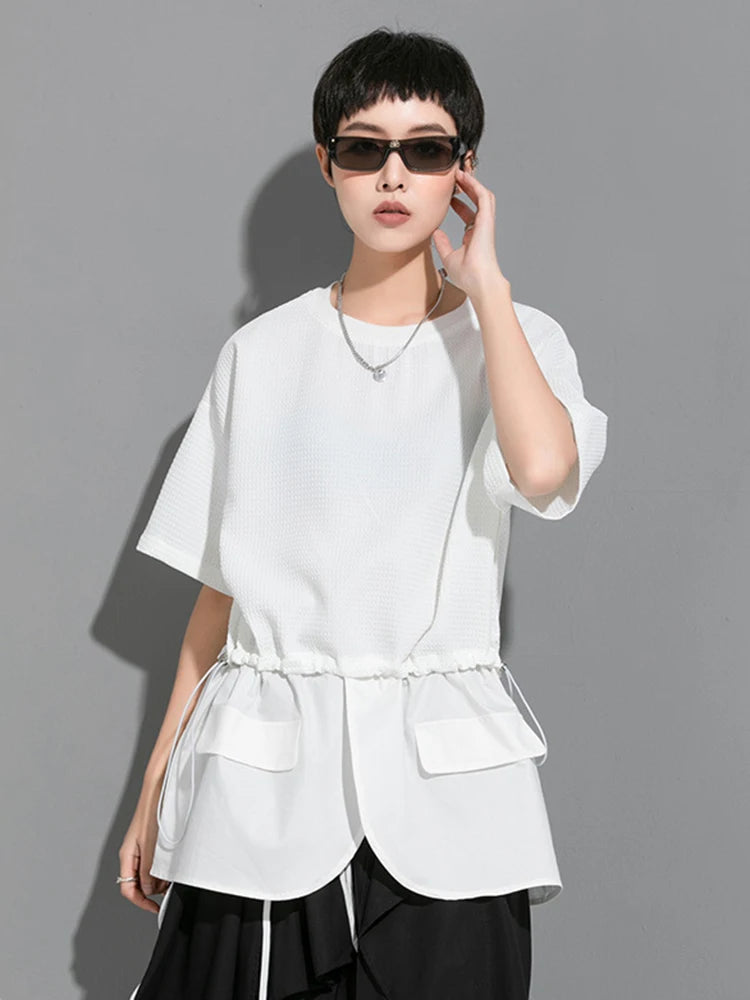 Women White Drawstring Splice Big Size Casual T-shirt New Round Neck Short Sleeve Fashion Tide Spring Summer 2025  1DJ1799