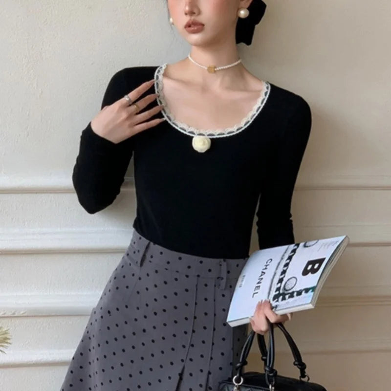 y2k Clothes Tops Women 3D Flower Lace Trim Round Neck Long Sleeve Ribbed T Shirt 2000s Aesthetic Clothing Streetwear