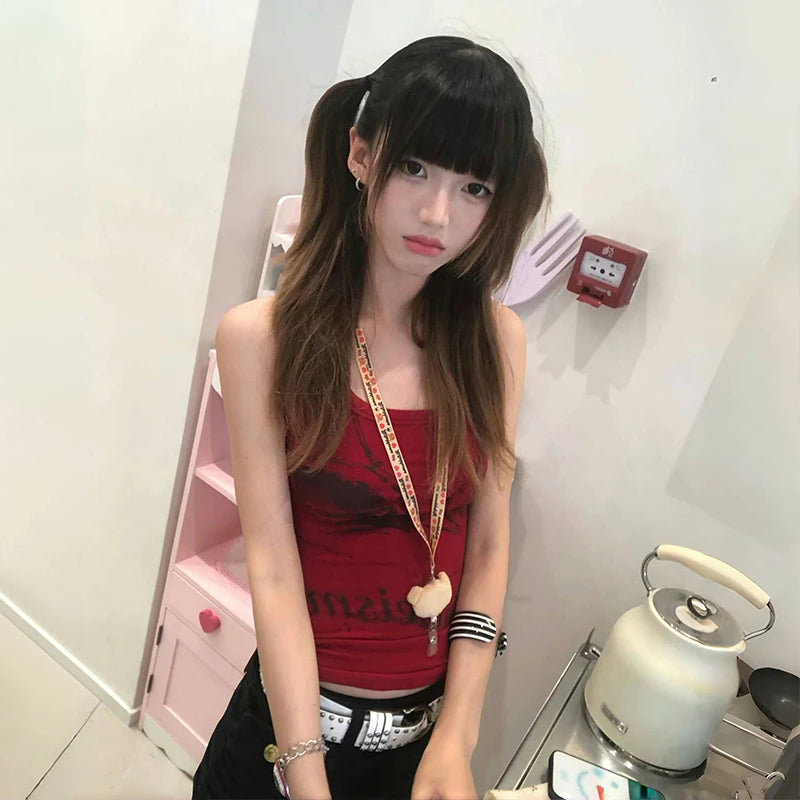 Japanese Y2k Letter Print Tank Top Trashy 2000s Style Red Tanktop Vintage Harajuku Sleeveless Crop Top American Retro
