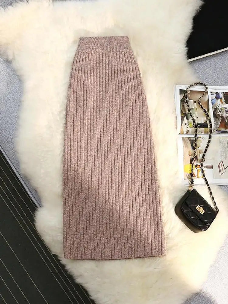 Sweater Knitted Skirt Women Autumn Winter Simple Style A-line Skirt Female Elegant Fashion High Waist Midi Skirts Lady