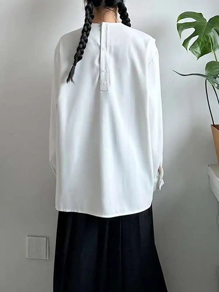 Women White Irregular Plain Color Big Size Blouse New Scarf Collar Long Sleeve Shirt Fashion Spring Autumn 2025 1DJ0507