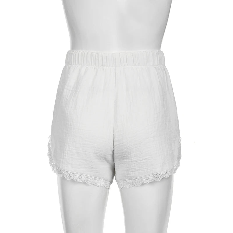 Casual White Basic Summer Shorts Women Lace Trim Buttons Homewear Sporty Chic Short Pants Elastic Waist Korean Hottie