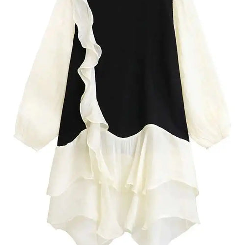 Load image into Gallery viewer, Women Black Ruffles Color-block Big Size Knee-Length Dress New Round Neck Long Sleeve Fashion Spring Autumn 2025 1DH7239
