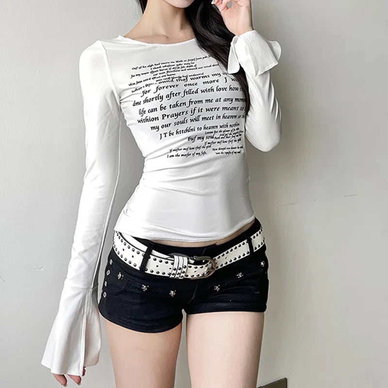 Y2k Aesthetic White Letter Printing Tshirts Women Streetwear Flare Sleeve Split Slim Fit Vintage Grunge Irregular Fairy T Shirt