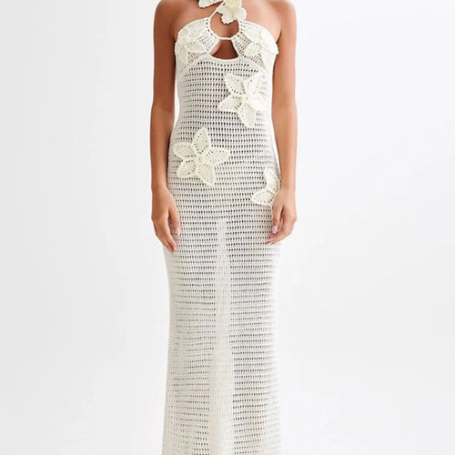 Load image into Gallery viewer, See Through Crochet Floral Knit Sexy Maxi Dress For Women Halter Sleeveless Backless Party Long Dress Beachwear New
