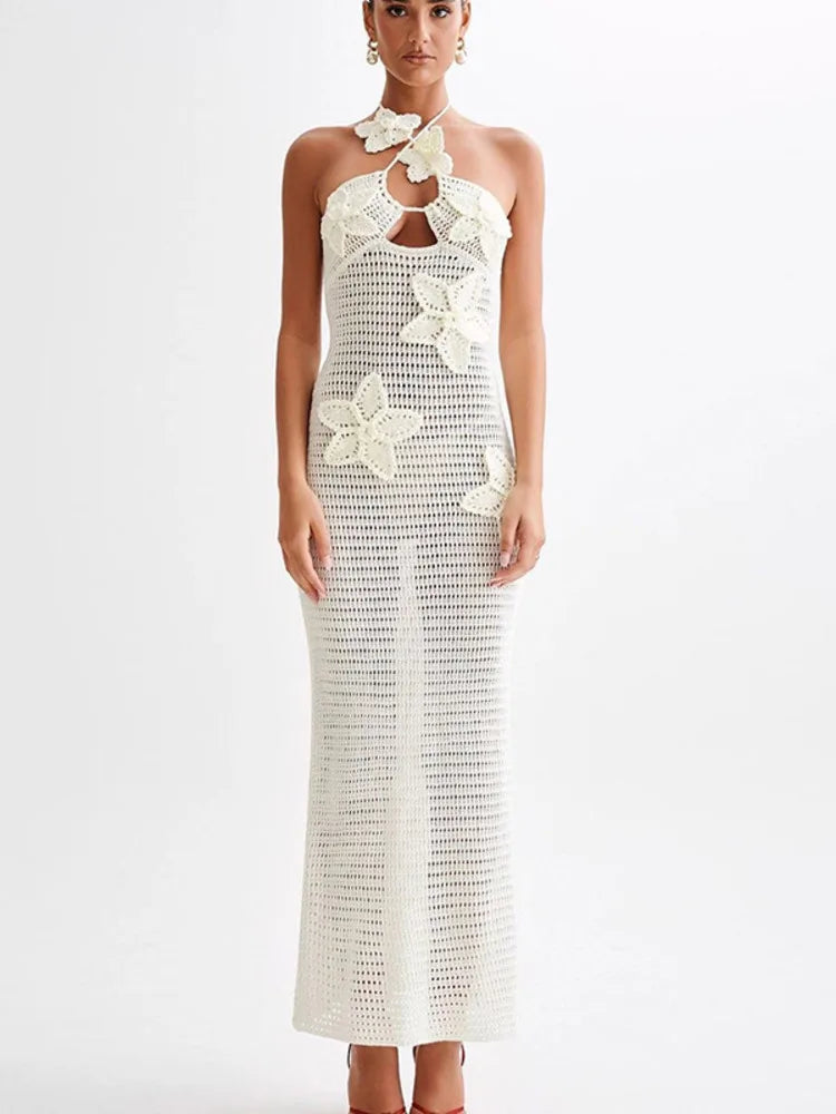 See Through Crochet Floral Knit Sexy Maxi Dress For Women Halter Sleeveless Backless Party Long Dress Beachwear New