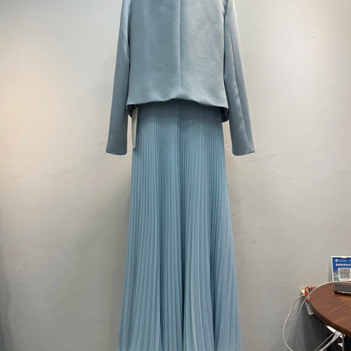 Load image into Gallery viewer, Hit Color Two Piece Set O Neck Long Sleeve Coat Lace Up Sleeveless High Waist Temperament Long Dress Sets Female

