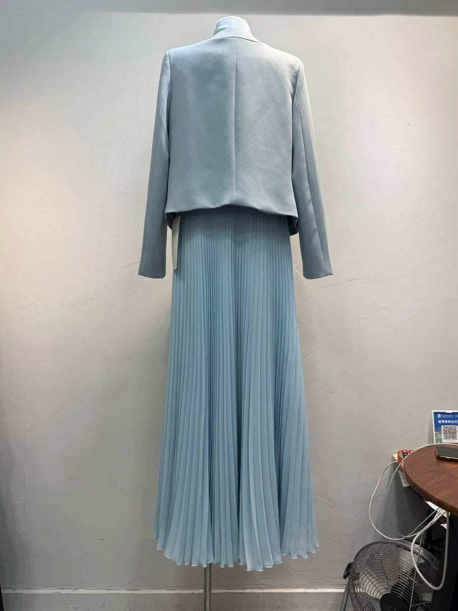 Hit Color Two Piece Set O Neck Long Sleeve Coat Lace Up Sleeveless High Waist Temperament Long Dress Sets Female