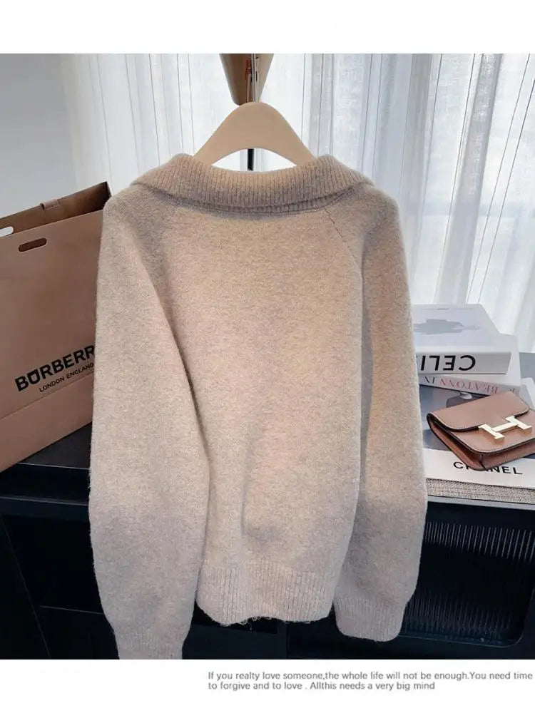 Korean Fashion Autumn Winter Khaki Elegant Pullover Short Sweater Women's 2024 New Purple Long Sleeved Loose Knitted Tops Street