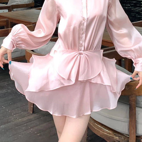 Load image into Gallery viewer, Solid Patchwork Ruffles Dress For Women Stand Collar Lantern Sleeve High Waist Elegant Mini Dresses Female Style
