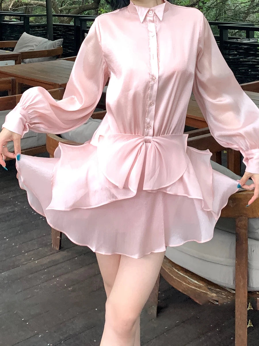 Solid Patchwork Ruffles Dress For Women Stand Collar Lantern Sleeve High Waist Elegant Mini Dresses Female Style