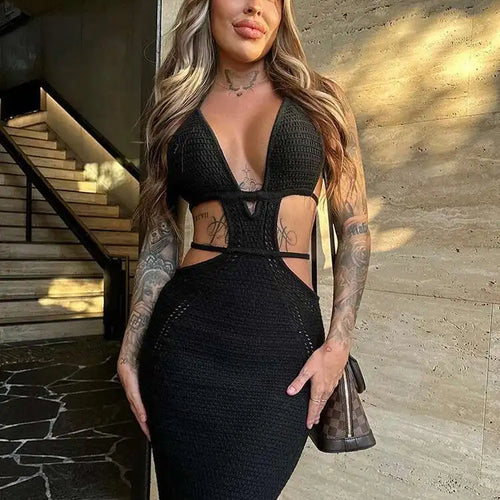 Load image into Gallery viewer, Hollow Out Halter Sexy Mini Dress Women Summer New Sleeveless Backless Skinny Club Party Knit Tank Dress Vestido
