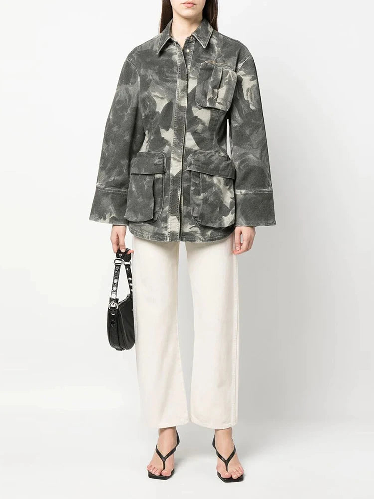 Denim Camouflage Jackets For Women Lapel Long Sleeve Patchwork Pockets Casual Cargo Jacket Female Fashion Clothing Style