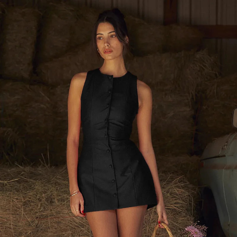 Fashion Sleeveless Sexy Mini Dress For Women New O Neck Single-btrasted Bodycon Club Party Tank Dress Femme Clothes