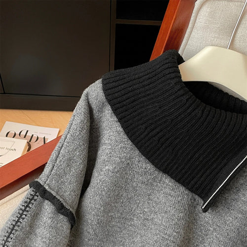 Load image into Gallery viewer, Korean Fashion Autumn Winter Grey Patchwork Elegant Long Sleeves Knit Sweater Women's Half Zipper Pullover Short Tops Streetwear
