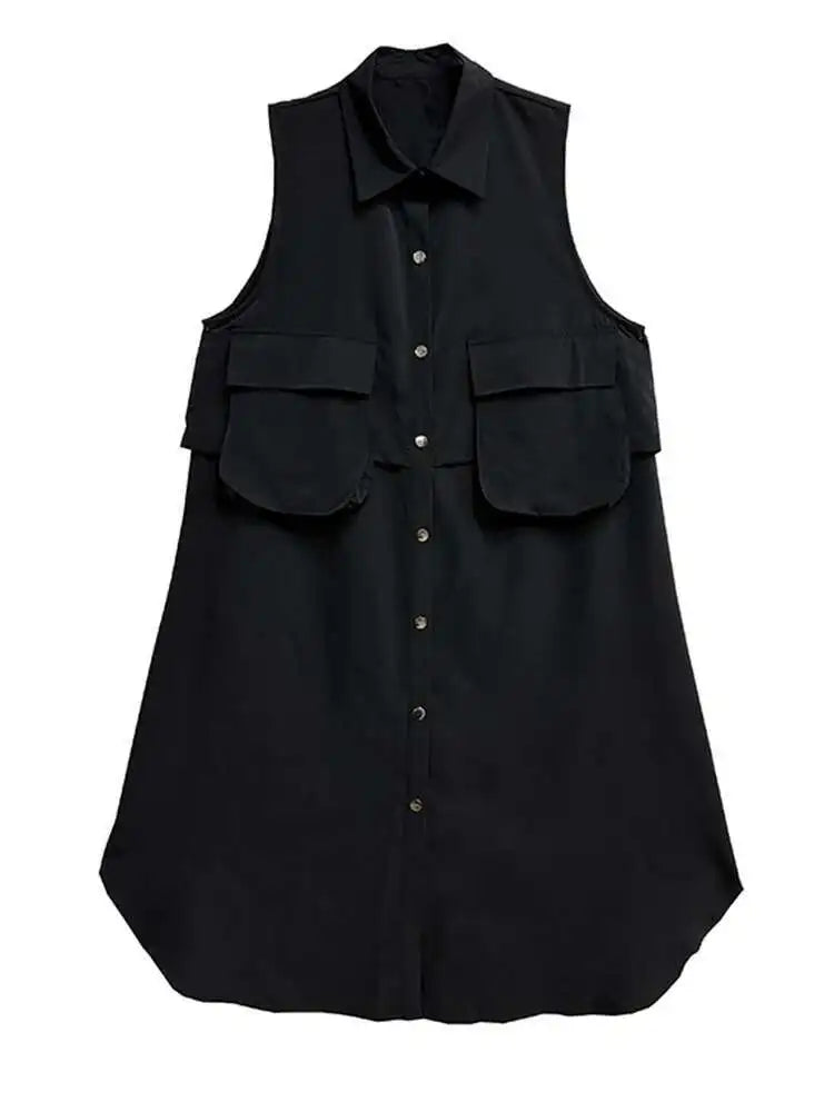 Women Black Shaped Pockets Big Size Midi Shirt Vest Dress New Lapel Sleeveless Fashion Tide Spring Autumn 2025 1DH9471