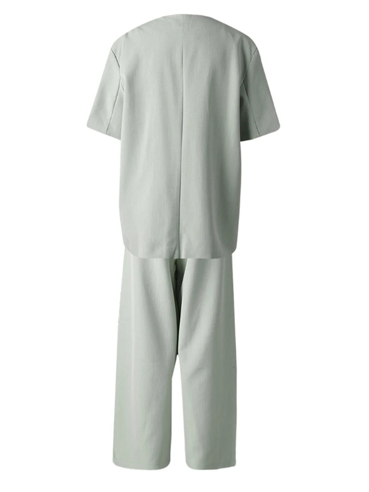 Big Size Green Blazer Wide Leg Pants Two Piece Suit New V-Neck Short Sleeve Women Fashion Tide Spring Summer 2025 CPG3079