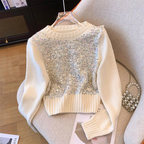 Load image into Gallery viewer, Women Sweet Sequins Short Sweater Casual Autumn Winter Basics Knitted Korean Loose O-neck Long Sleeve Elegance Pullover Tops New
