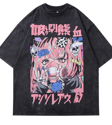 Vintage Black T-Shirt Harajuku Japanese Anime Cartoon Girl Skull Graphic Print Washed Tshirt 2024 Hip Hop Punk Loose Cotton Tops