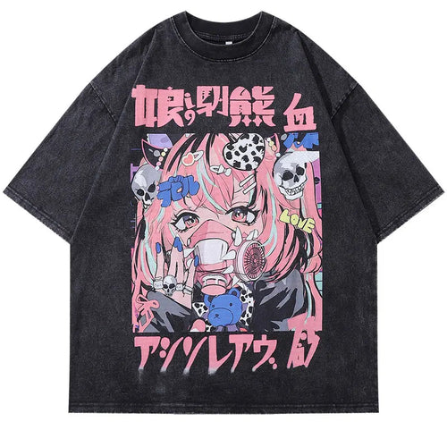 Vintage Black T-Shirt Harajuku Japanese Anime Cartoon Girl Skull Graphic Print Washed Tshirt 2024 Hip Hop Punk Loose Cotton Tops