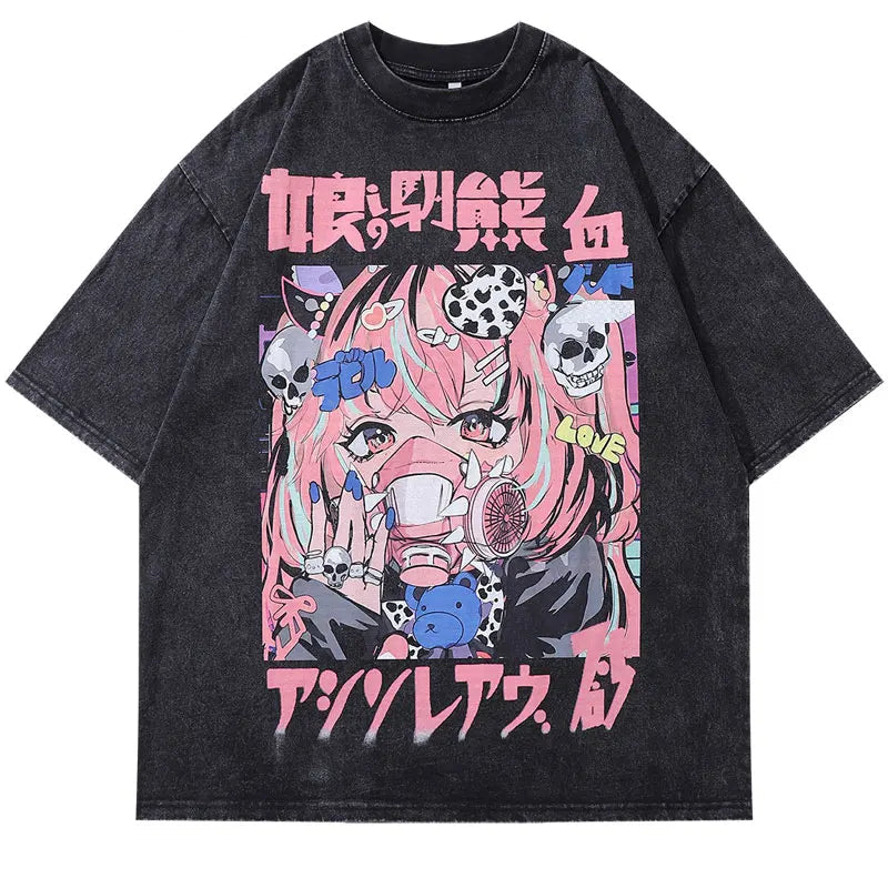 Vintage Black T-Shirt Harajuku Japanese Anime Cartoon Girl Skull Graphic Print Washed Tshirt 2024 Hip Hop Punk Loose Cotton Tops