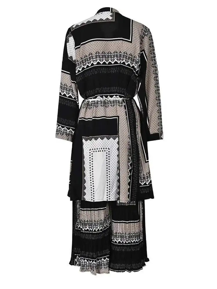 Big Size Printed Pleated Shirt Pants Two Piece Suit New Round Neck Long Sleeve Women Fashion Spring Autumn 2025 3AJ915