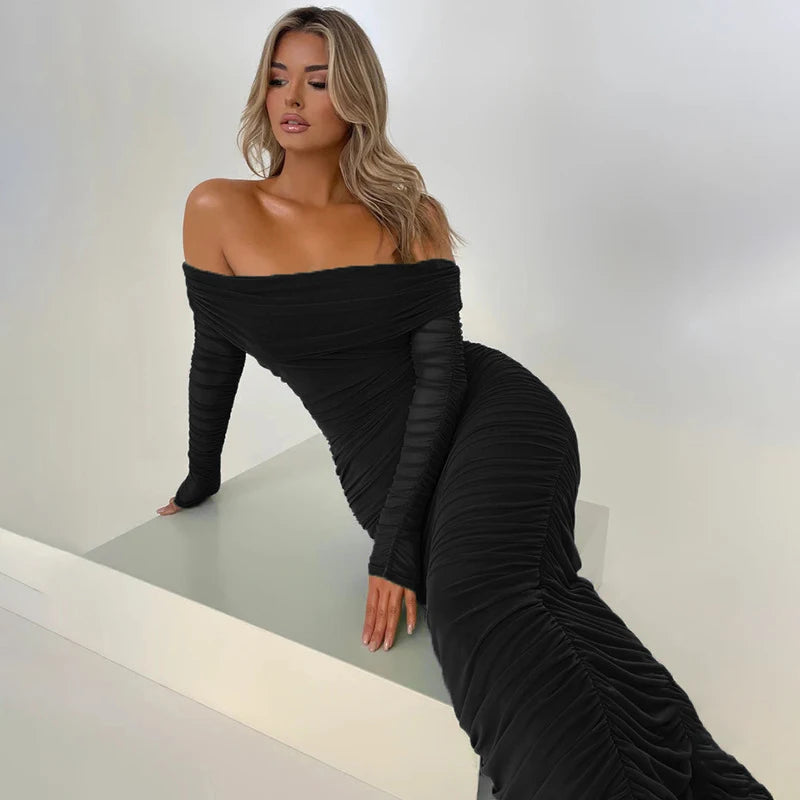 Off-shoulder Long Sleeve Sexy Maxi Dress For Women Autumn New Strapless Backless Bodycon Ruched Party Long Dress