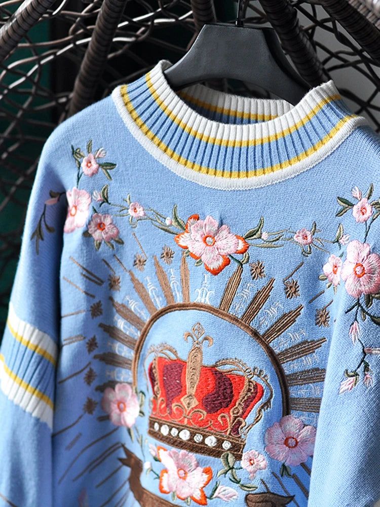 Runway Luxury Winter Knitting Pullovers Women's High Quality Floral Crown Embroidery Casual Loose Blue Sweater C-127