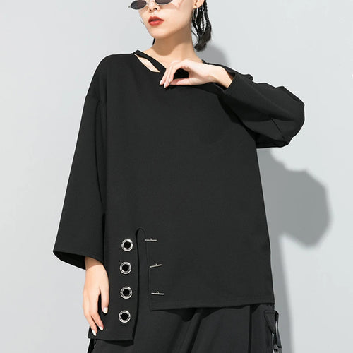 Load image into Gallery viewer, Women Black Asymmetrical Stitch Big Size T-shirt New Round Neck Long Sleeve  Fashion Tide  Spring Autumn 2025 1S190
