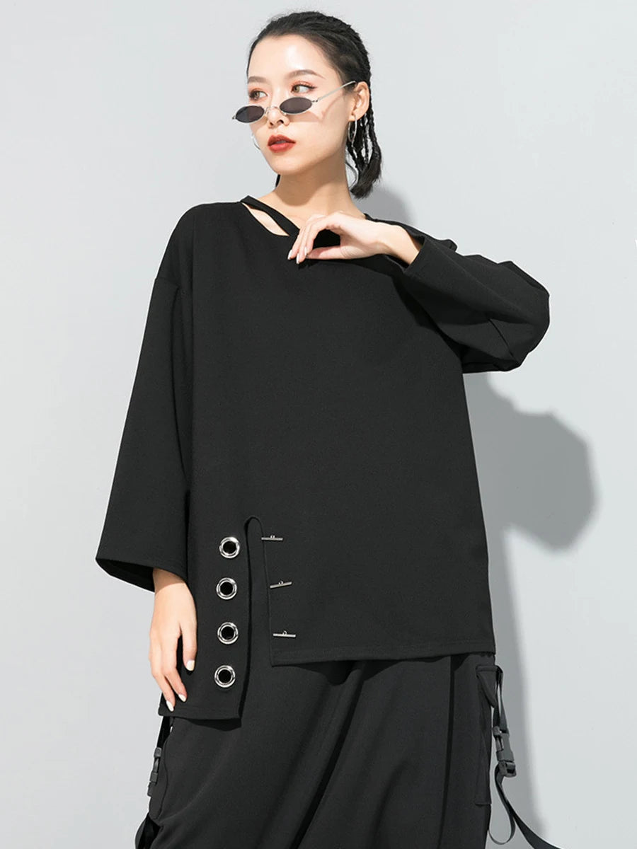 Women Black Asymmetrical Stitch Big Size T-shirt New Round Neck Long Sleeve  Fashion Tide  Spring Autumn 2025 1S190