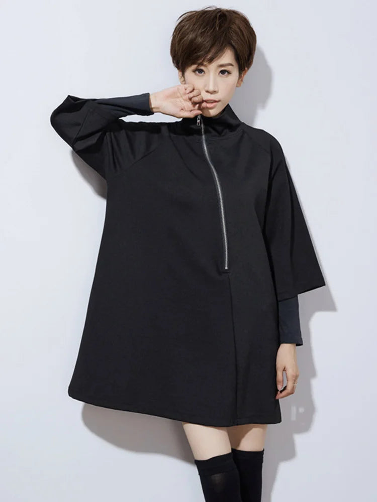 Women Black Zipper Casual Big Size Dress New Turtleneck Three-quarter Sleeve Loose Fit Fashion Spring Autumn 2025 1DF4717