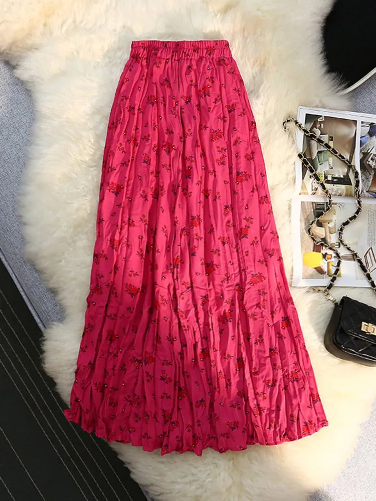 Vintage Floral Print Skirt Women's Summer Sweet Pleated Skirt Elastic High Waist A-line Fashion Plissee Skirts Elegant
