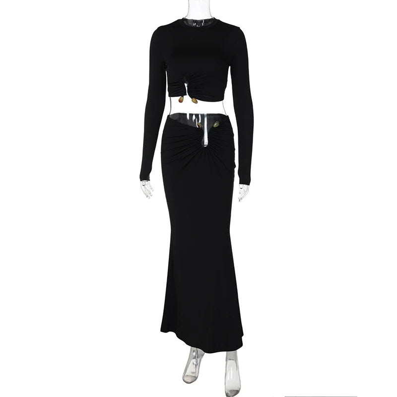 Autumn Winter Skirt Two Pieces Sets Women Sexy Long Sleeve Crop Tops And Elegant Maxi Skirt Sets Ladies Holiday Sets