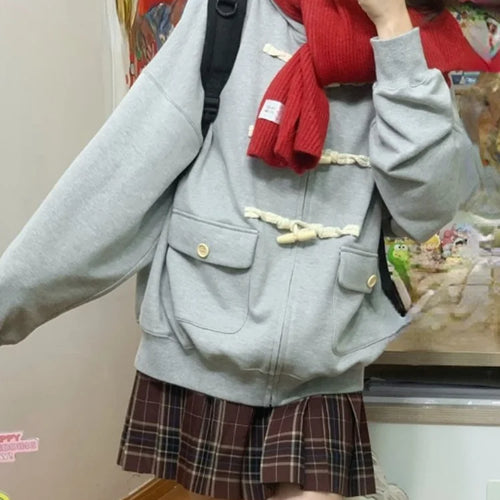 Load image into Gallery viewer, Y2k Aesthetic Horn Button Jacket Womens Jackets 2025 Autumn New Korean Kawaii Solid Preppy Clothes Casual All Match Femme Tops
