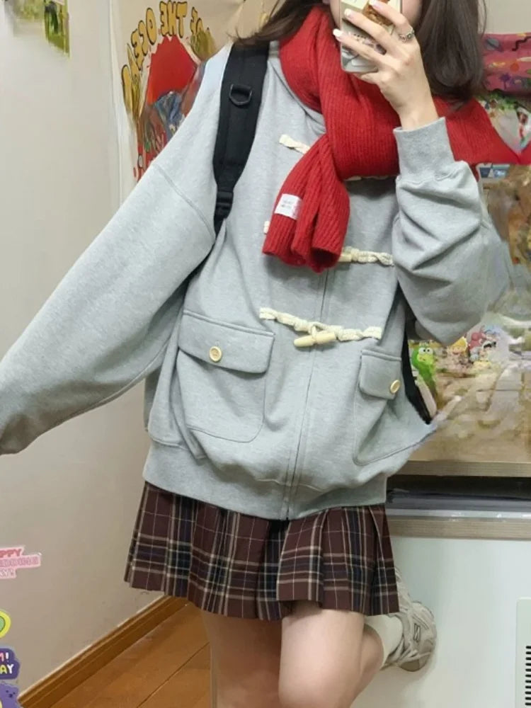 Y2k Aesthetic Horn Button Jacket Womens Jackets 2025 Autumn New Korean Kawaii Solid Preppy Clothes Casual All Match Femme Tops