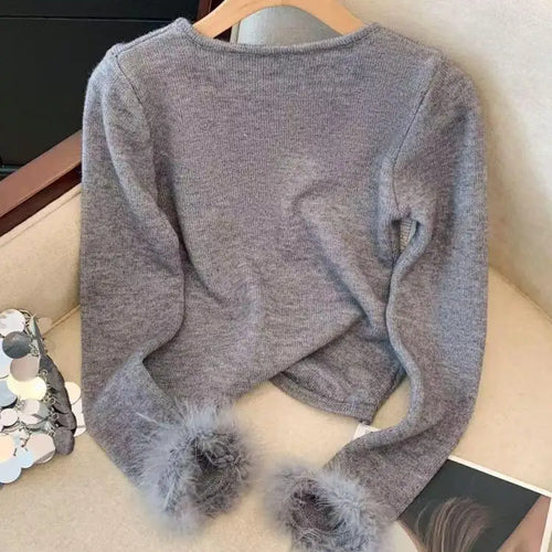 Load image into Gallery viewer, Autumn Winter Blue Bow Long Sleeves Knitted Sweater French Fashion Women's Grey Round Neck Elegant Short Tops Streetwear Trendy
