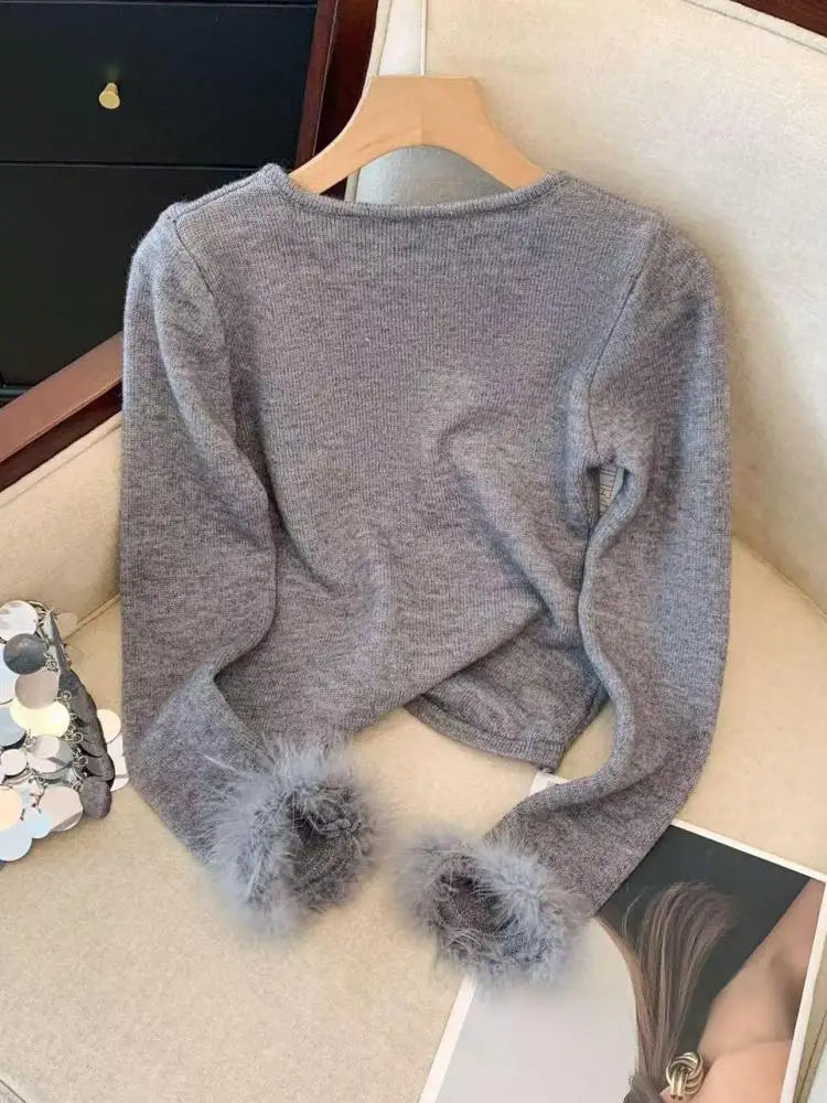 Autumn Winter Blue Bow Long Sleeves Knitted Sweater French Fashion Women's Grey Round Neck Elegant Short Tops Streetwear Trendy