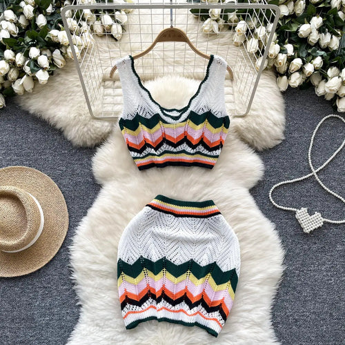 Load image into Gallery viewer, Retro Women Sets Korean Fashion White Patchwork V-neck Short Knitted Vest Tops + High Waist Wrap Hip Mini Skirts Two Piece Suits
